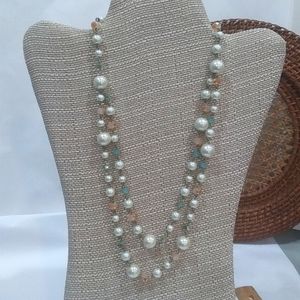 Double Strand Beaded Faux Pearl Chain Necklace with Pastel Beads